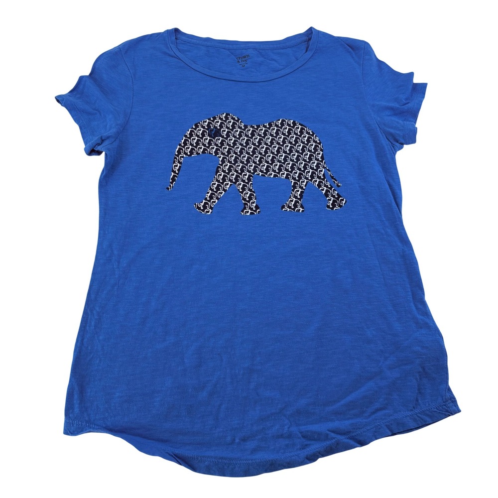 Crown & Ivy Womens Blue Elephant Graphic T-Shirt Short Sleeve‎ Cotton Tee M